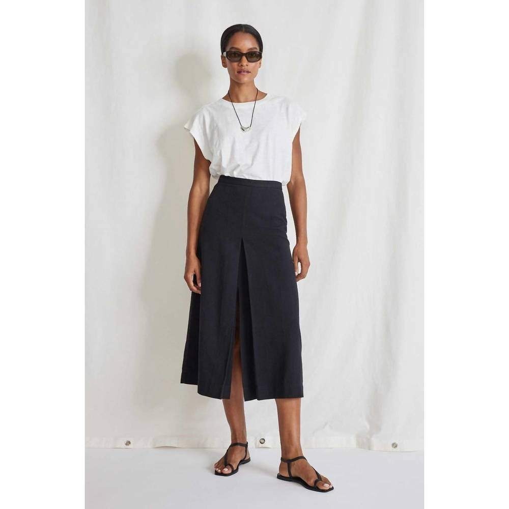 Apiece Apart Skirt Women 4 Black Karen Midi ALine Front Pleat Linen Cotton Blend